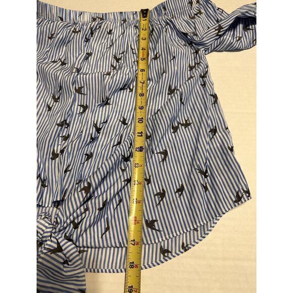 Express Blue Striped Bird Off Shoulder Shirt Blouse Top Size Small Peasant Crop - Picture 11 of 13